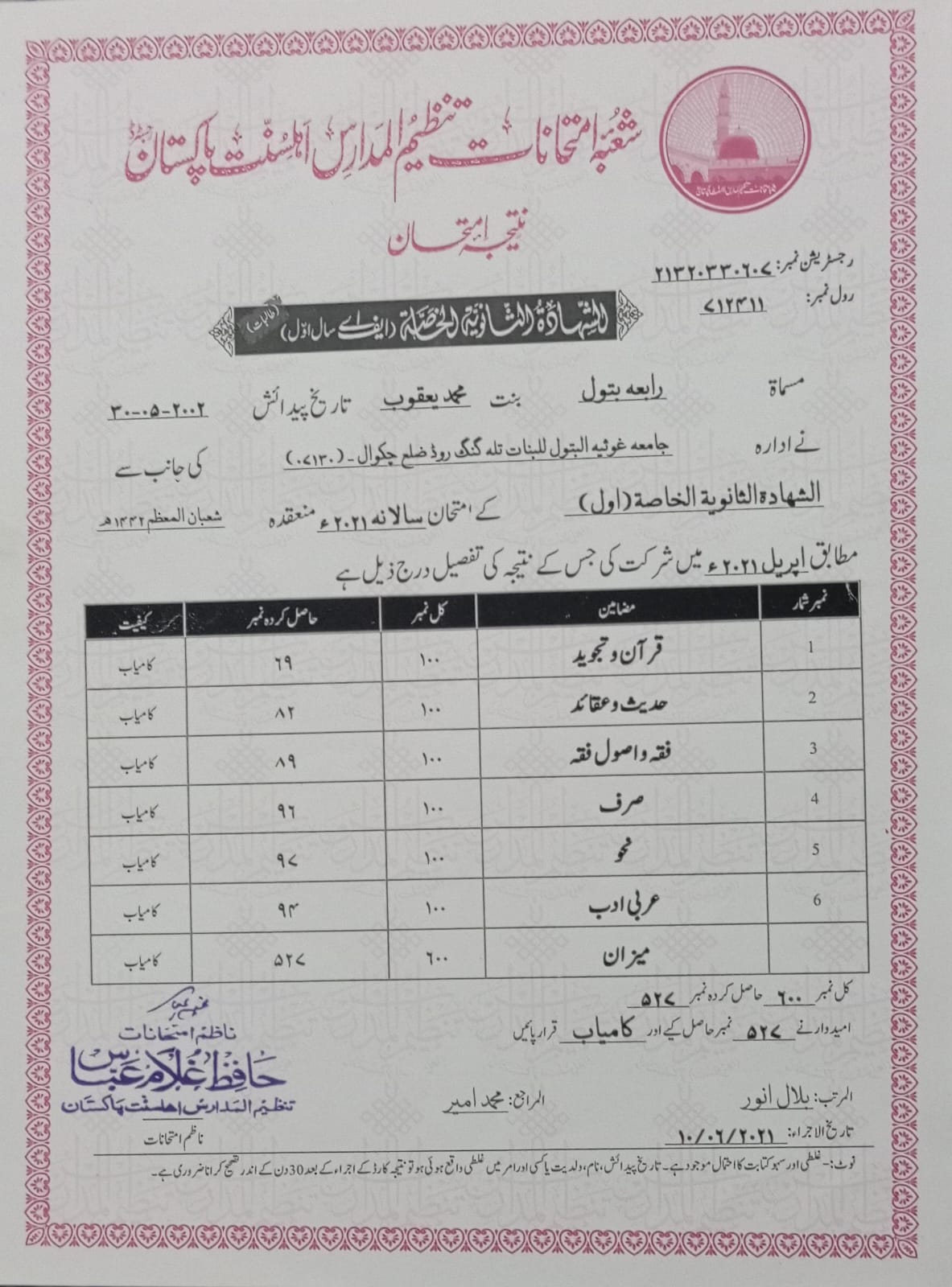 Ustadha Rabia Batool Aalmia Year 1 Certificate
