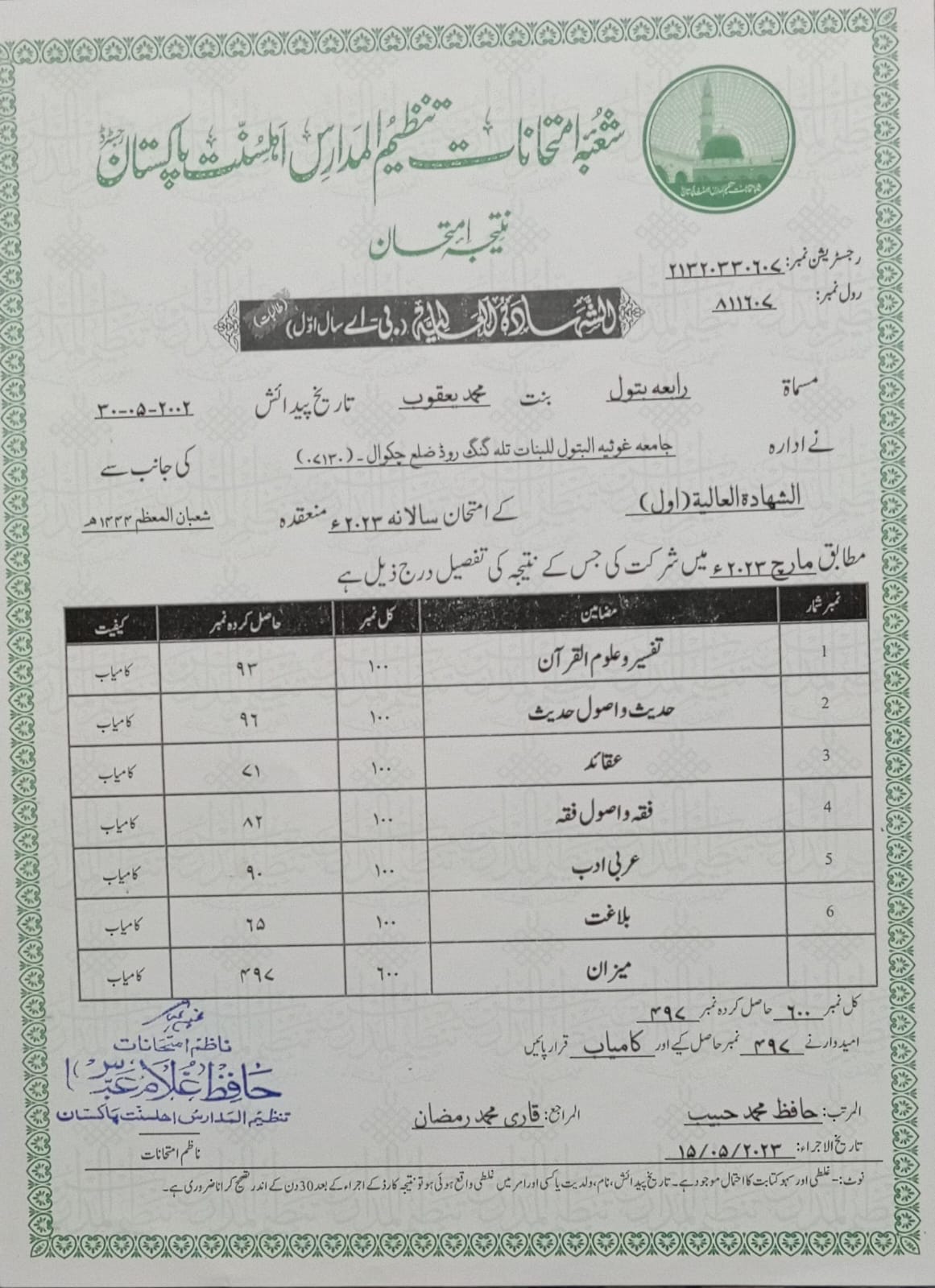 Ustadha Rabia Batool Aalmia Year 3 Certificate