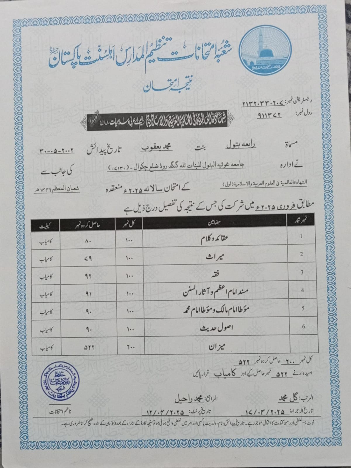 Ustadha Rabia Batool Aalmia Year 5 Certificate