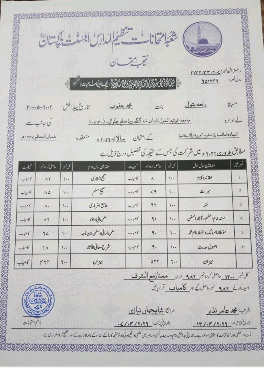 Ustadha Rabia Batool Aalmia Year 6 Certificate